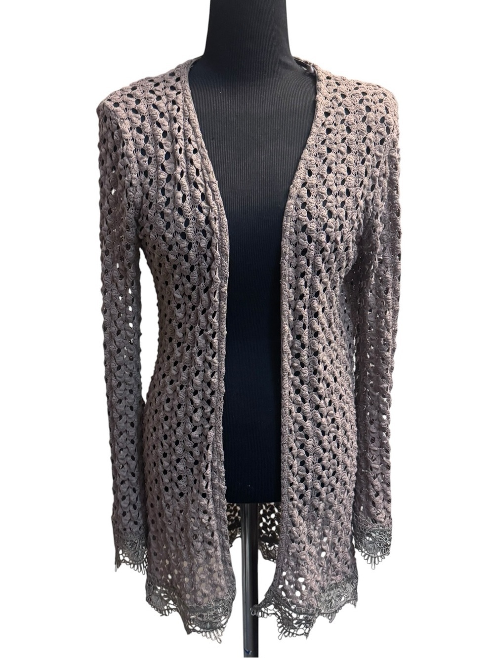 MONTEAU Boho Open Knit Duster Crochet Cardigan Tan Lace Trim Size SM Festival